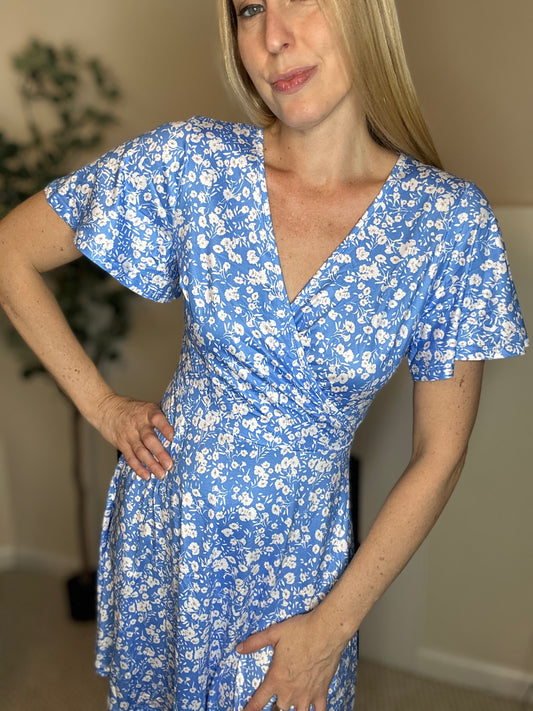 Soft blue floral v neck skater dress