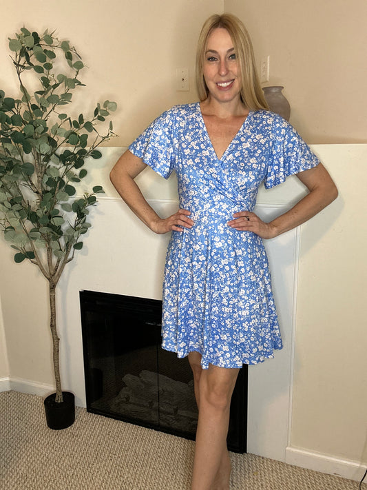 Soft blue floral v neck skater dress