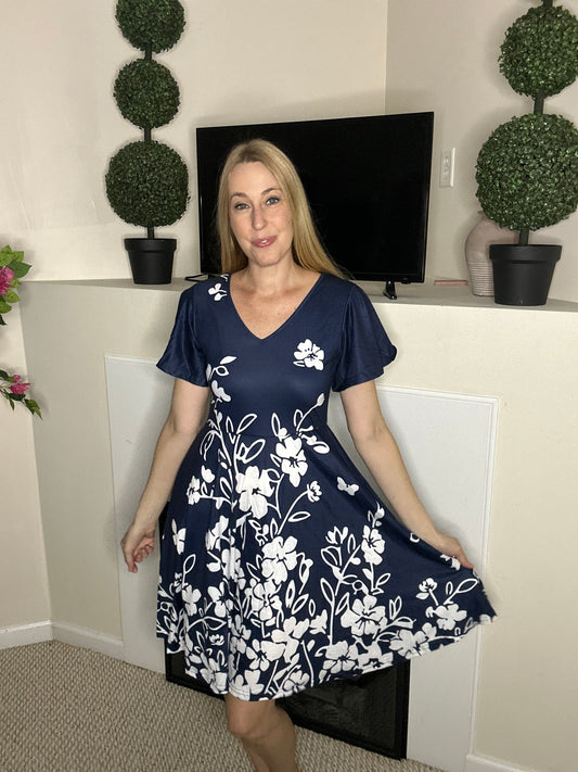 Navy blue floral midi dress