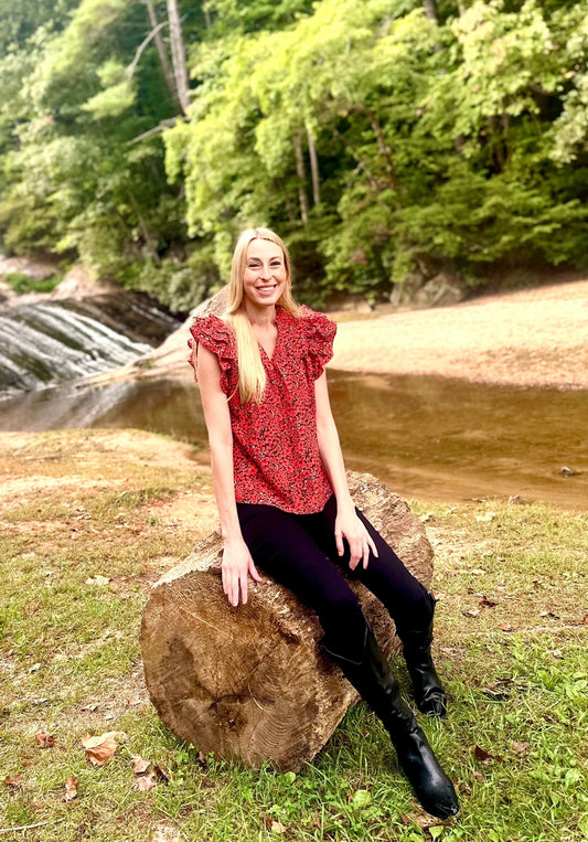 Double Take Floral Flutter Sleeve Notched Neck Blouse