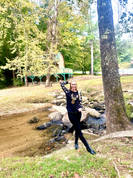 Heimish Full Size Sequin Reindeer Graphic Plaid Top