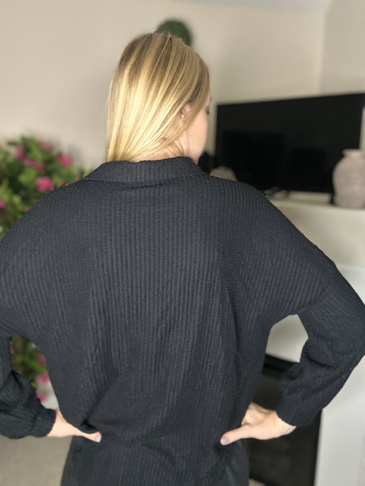 Black relaxed fit waffle knit button down top