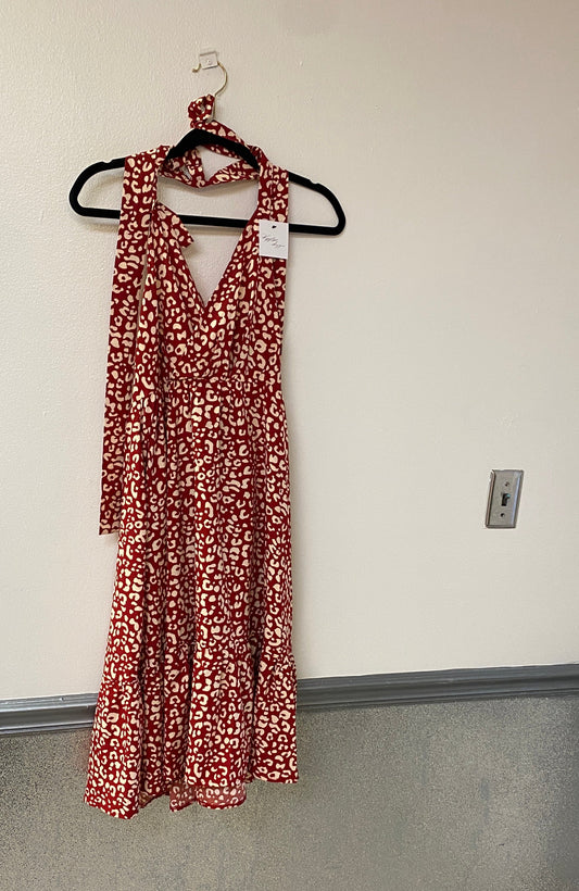 Red and white leopard print halter dress