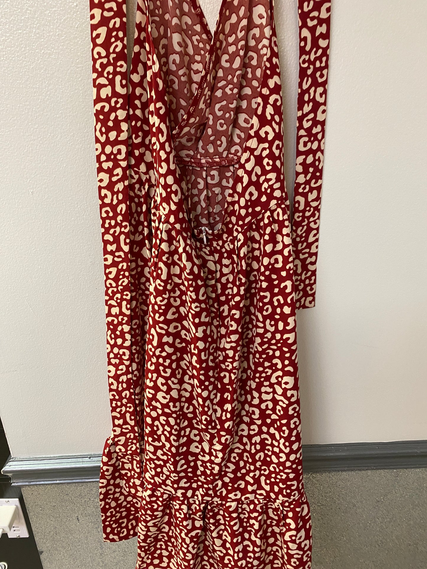 Red and white leopard print halter dress