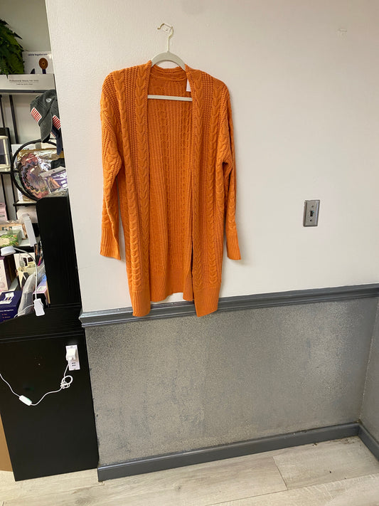 Long orange cable knit cardigan