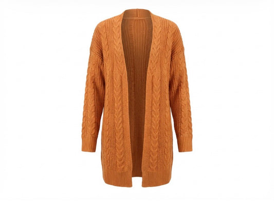 Long orange cable knit cardigan