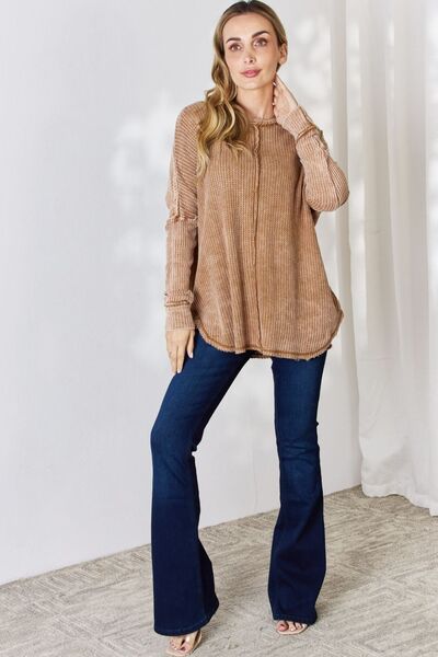 Harmony Zenana Oversized Washed Waffle Long Sleeve Top