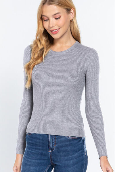 Rainy Days ACTIVE BASIC Full Size Ribbed Round Neck Long Sleeve Knit Top