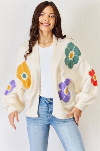 Happy Floral J.NNA Open Front Flower Pattern Long Sleeve Sweater Cardigan