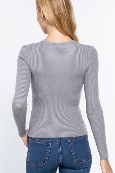 Rainy Days ACTIVE BASIC Full Size Ribbed Round Neck Long Sleeve Knit Top