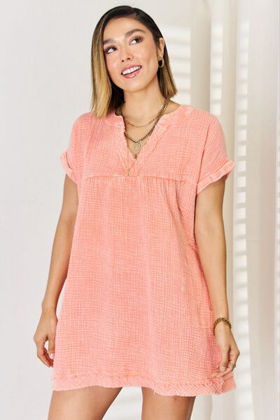 Candy Zenana Washed Nochted Rolled Short Sleeve Dress