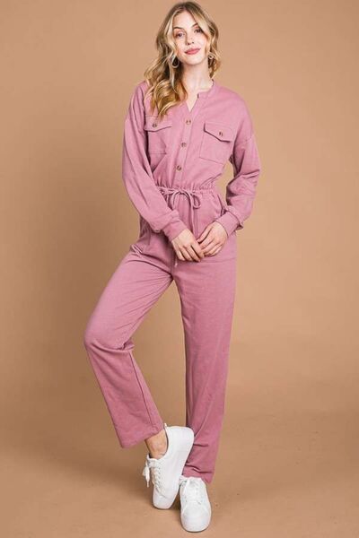 Dusty Rose Culture Code Full Size Button Up Drawstring Waist Straight Jumpsuit
