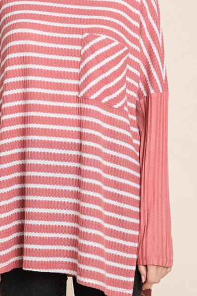 Striped in love Culture Code Oversize Striped Round Neck Long Sleeve Slit T-Shirt