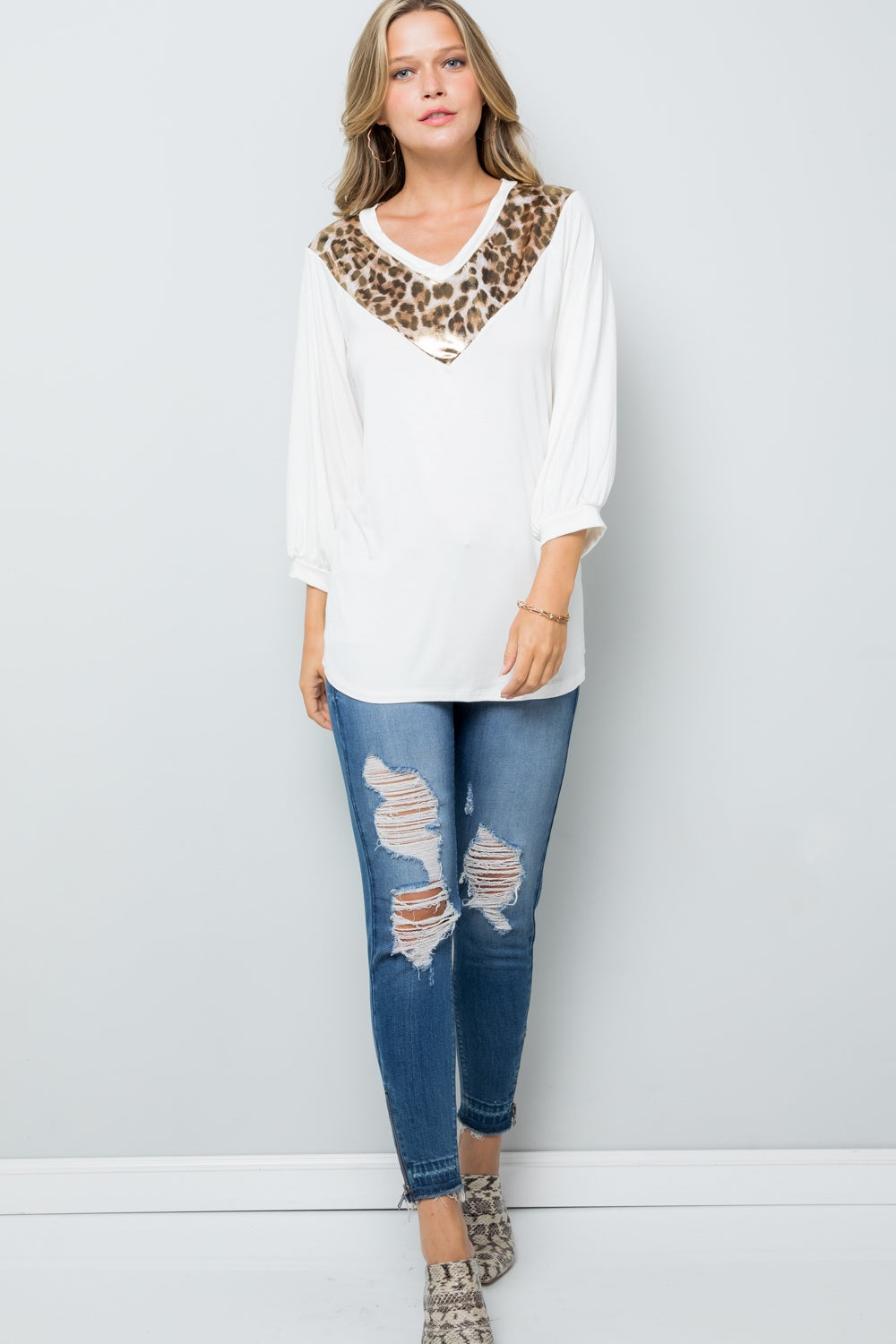 Celeste Full Size Leopard Contrast Balloon Sleeve Top