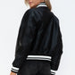 Love Me Now PU Leather Contrast Snap Down Bomber Jacket