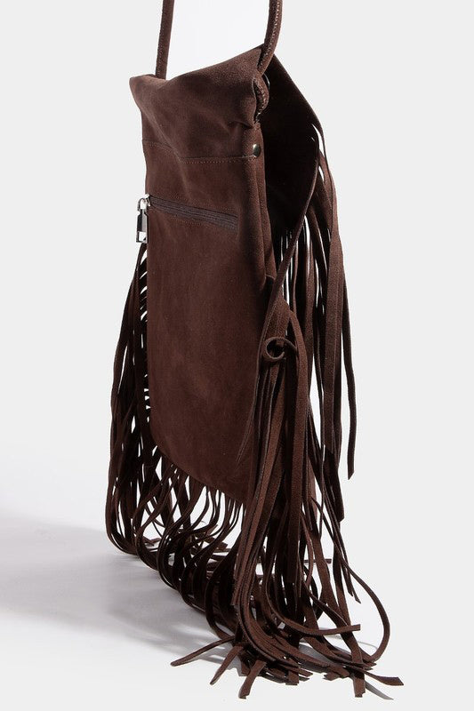 Fame Faux Suede Fringe Rectangle Crossbody Bag