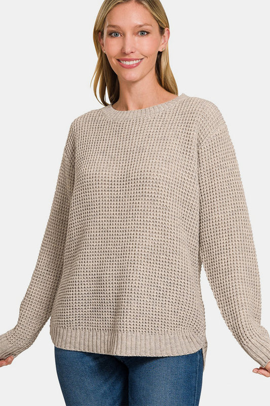 Zenana High Low Long Sleeve Waffle Sweater