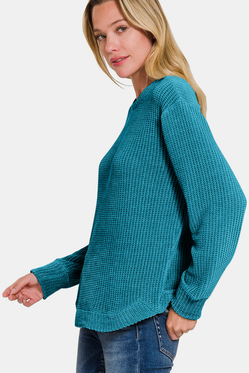 Zenana Chenille Waffle Round Neck Sweater