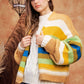 Davi & Dani Contrast Striped Open Front Lantern Sleeve Cardigan