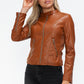 Snobbish Faux Leather Zip Up Drawstring Hooded Jacket