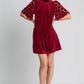 Umgee Dotted Lace Half Sleeve Mock Neck Back Tie Velvet Dress