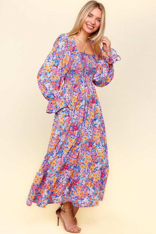 Haptics Smocked Floral Square Neck Flounce Sleeve Dress