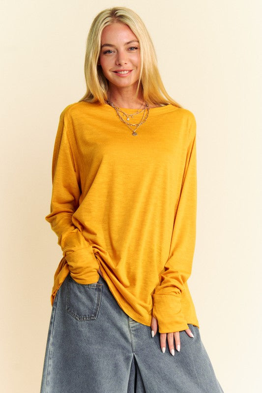 Davi & Dani Solid Color Boat Neck Long Sleeve T-Shirt