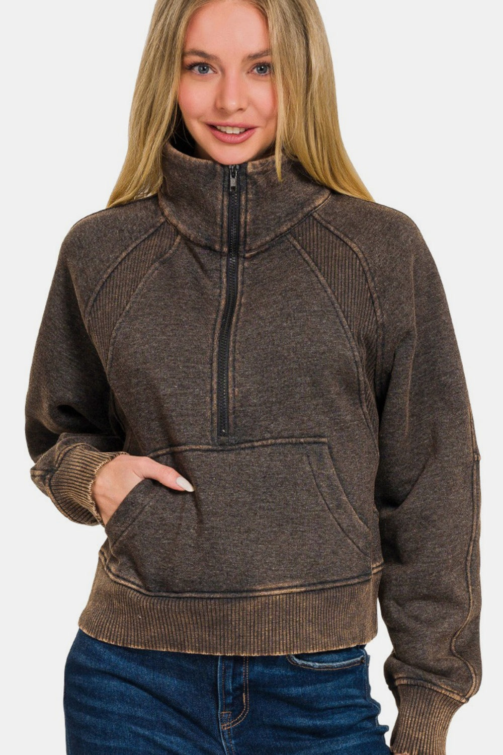 Zenana Acid Washed Half Zip Fleece Sweatshirt