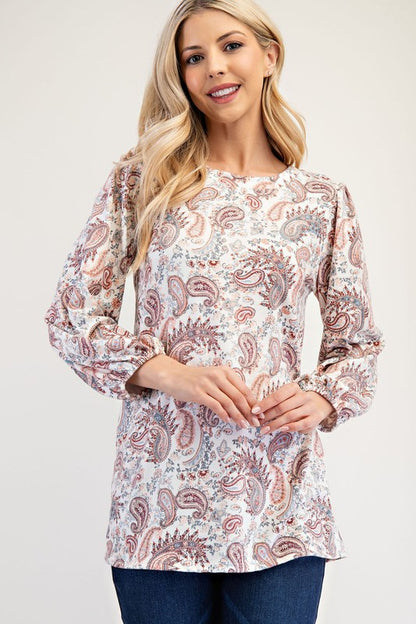 Celeste Full Size Paisley Round Neck Balloon Sleeve Top