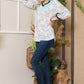 Celeste Full Size Leaf Print Contrast Trim Balloon Sleeve Top