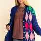 Davi & Dani Argyle V-Neck Dropped Shoulder Cardigan