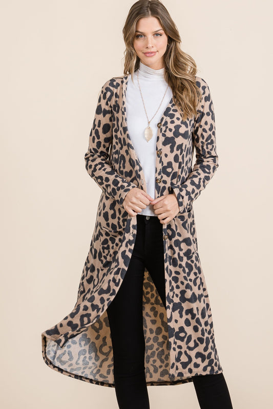 Celeste Full Size Leopard V-Neck Long Sleeve Cardigan