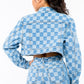 American Bazi Checkered Long Sleeve Cropped Denim Jacket