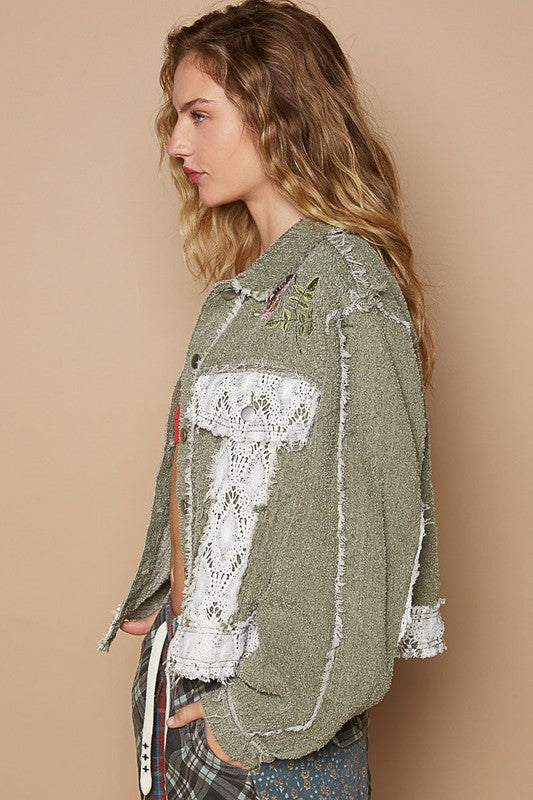 POL Crochet Patch Embroidered Button Up Jacket