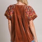 Umgee Velvet Embroidery Short Sleeve Blouse