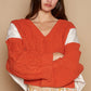 POL Cable Knit Quilting Patch V-Neck Contrast Sweater