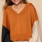 POL Exposed Seam Roll Edge Color Block V Neck Sweater