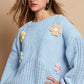 POL Crochet Flower Round Neck Dropped Shoulder Sweater