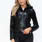 Snobbish Faux Leather Zip Up Drawstring Hooded Jacket