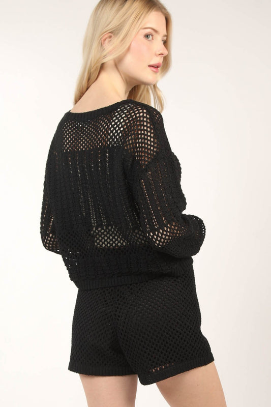 VERY J Openwork Cropped Cover Up and Shorts Set