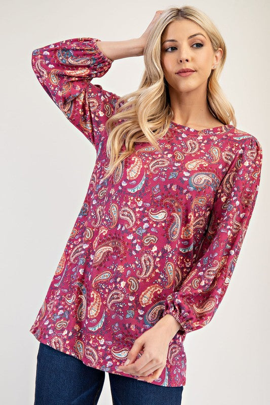 Celeste Full Size Paisley Round Neck Balloon Sleeve Top