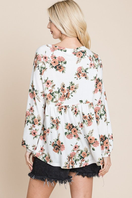 Super Lady Full Size Babydoll Floral Boat Neck Long Sleeve Blouse