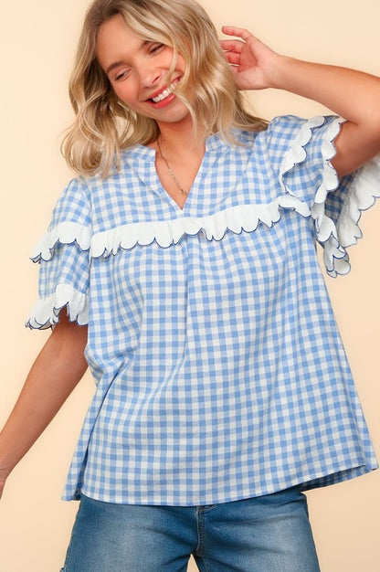 Haptics Full Size Plaid Scallop Hem Notched Short Sleeve Blouse