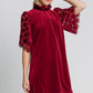 Umgee Dotted Lace Half Sleeve Mock Neck Back Tie Velvet Dress