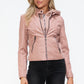 Snobbish Faux Leather Zip Up Drawstring Hooded Jacket