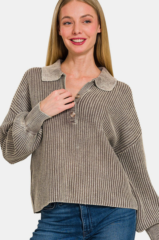 Zenana Washed Half Button Long Sleeve Sweater