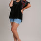 Umgee Full Size Velvet Embroidery Short Sleeve Blouse