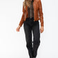 Snobbish Faux Leather Zip Up Drawstring Hooded Jacket