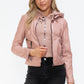 Snobbish Faux Leather Zip Up Drawstring Hooded Jacket