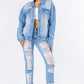 American Bazi Graphic Distressed Long Sleeve Denim Jacket